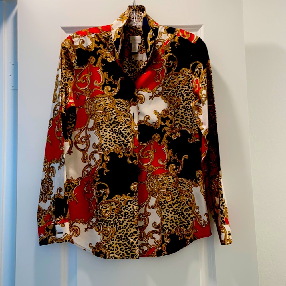 Chico’s Size 0 (4-6) black, red with a leopard print.